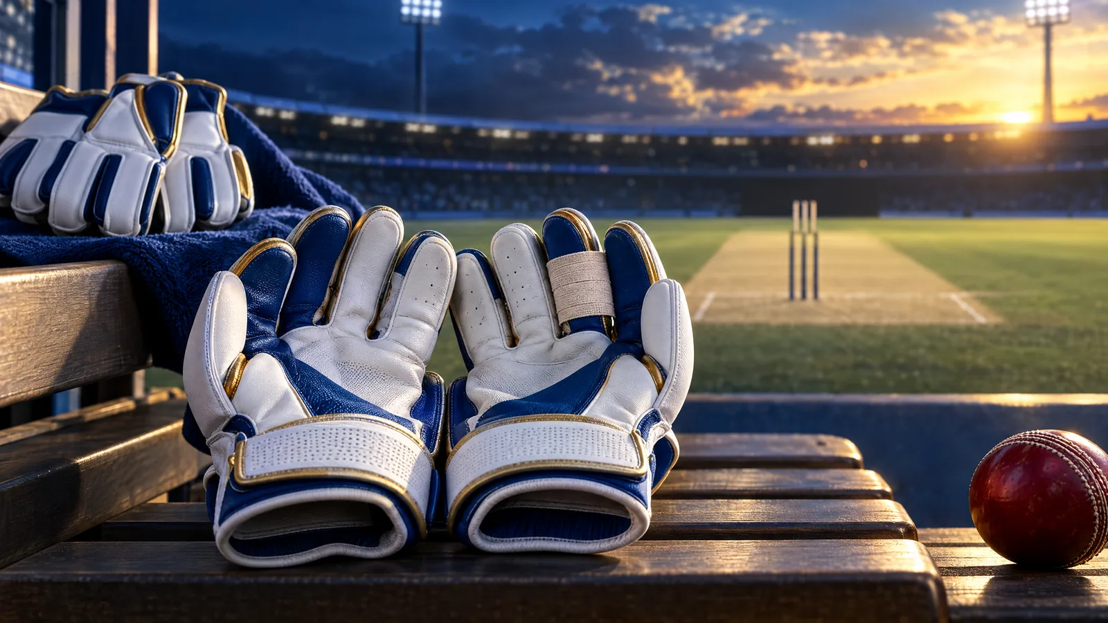 Conceptual empty wicketkeeping gloves beside a cricket ball, not a photograph of Jewel Andrew