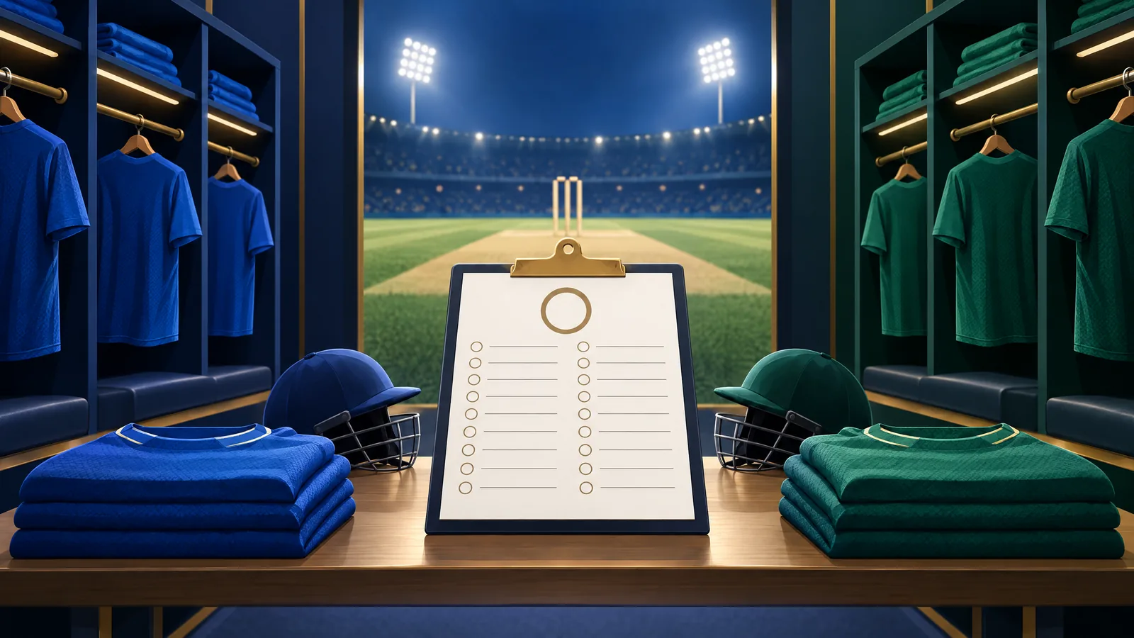 Conceptual anonymous blue and green cricket changing rooms with a blank selection clipboard, not an official team sheet