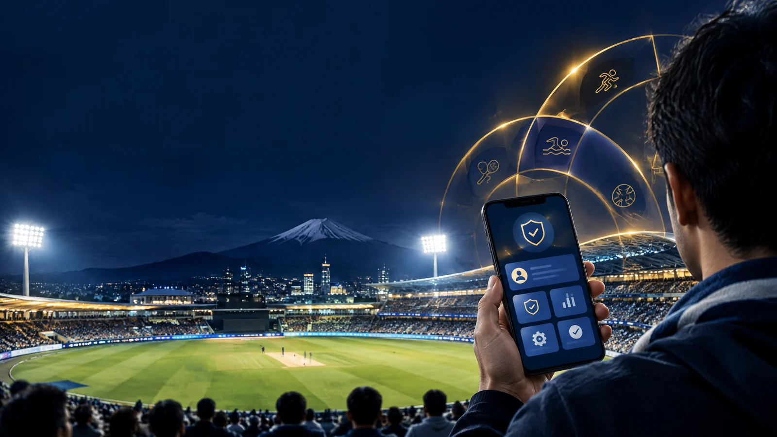 Cricket fan using a secure account interface on a smartphone inside a floodlit stadium