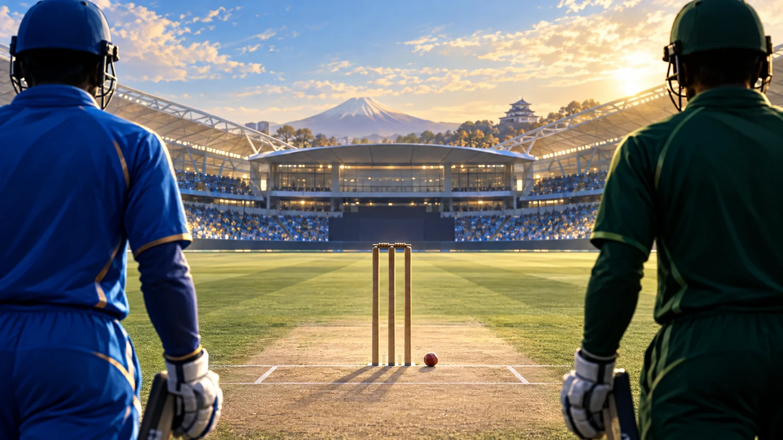 Original illustration of two anonymous cricket teams approaching a wicket before a final; not an image of the India–Pakistan match