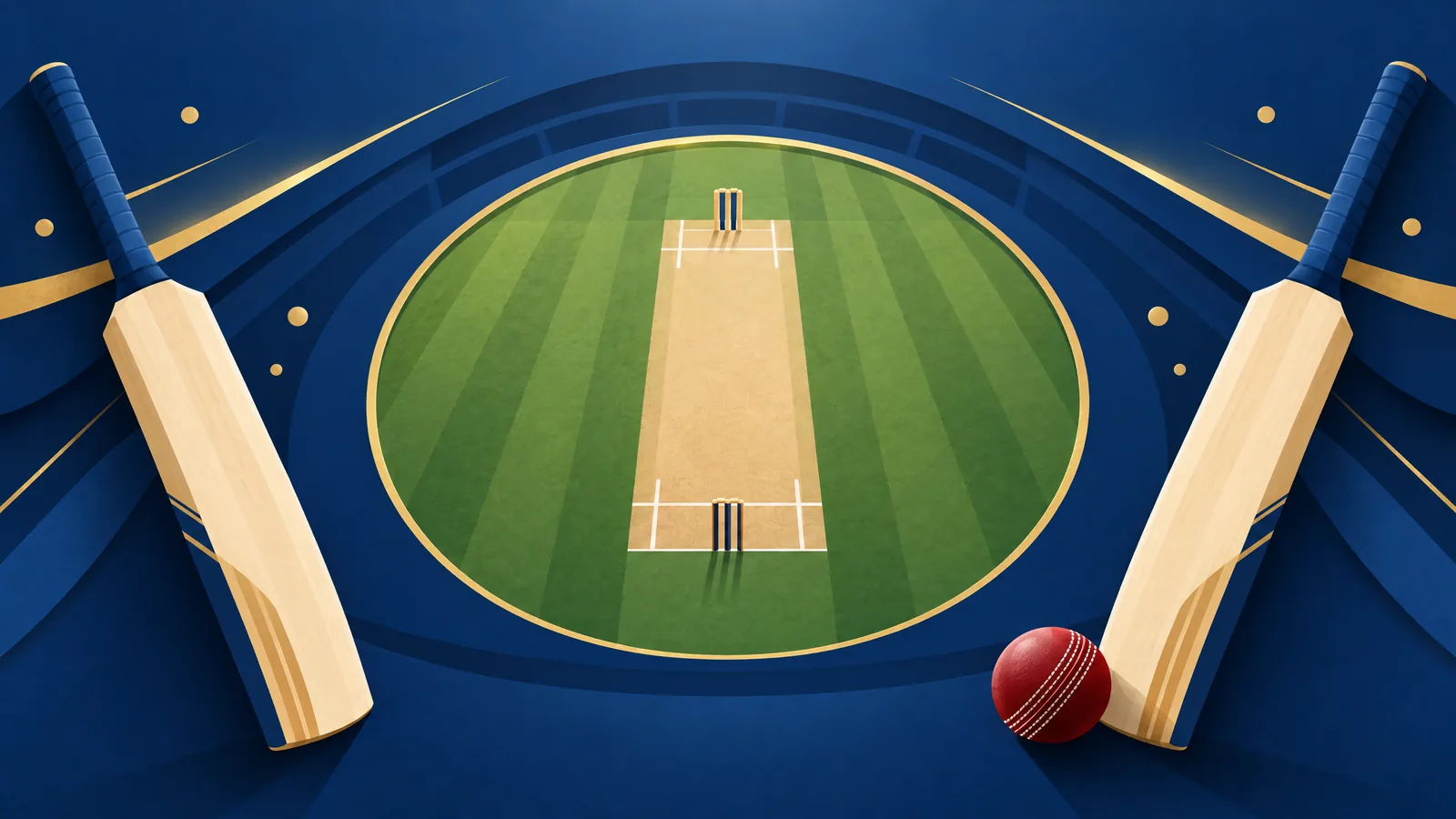 Conceptual blue-and-gold cricket field illustration for a completed final, not an event photograph or official graphic