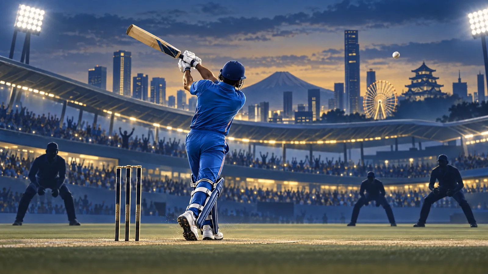 Original illustration of a cricket batter and fielders at a stadium; not a photograph of the India–Sri Lanka semi-final