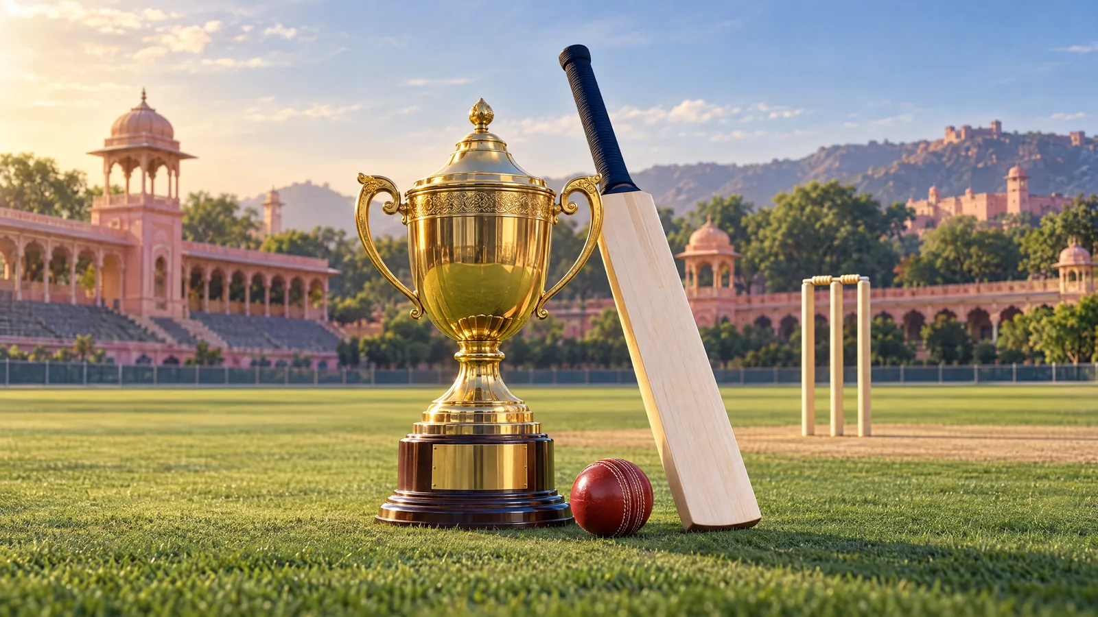 Conceptual gold cricket cup beside a bat and ball on a club ground