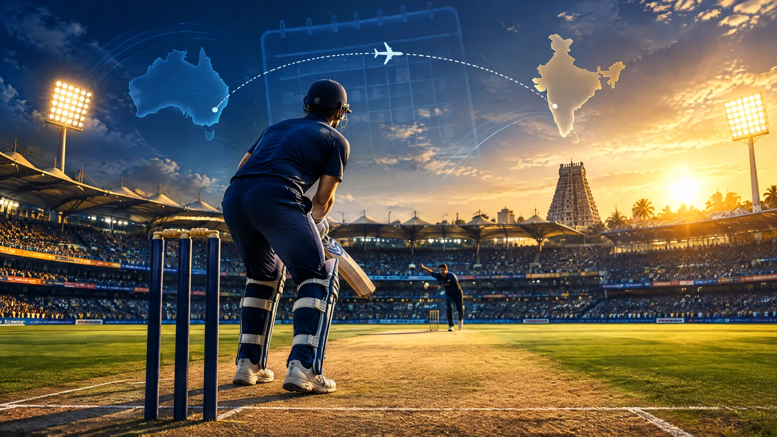 Original illustration of a Big Bash cricket schedule and a stadium in Chennai