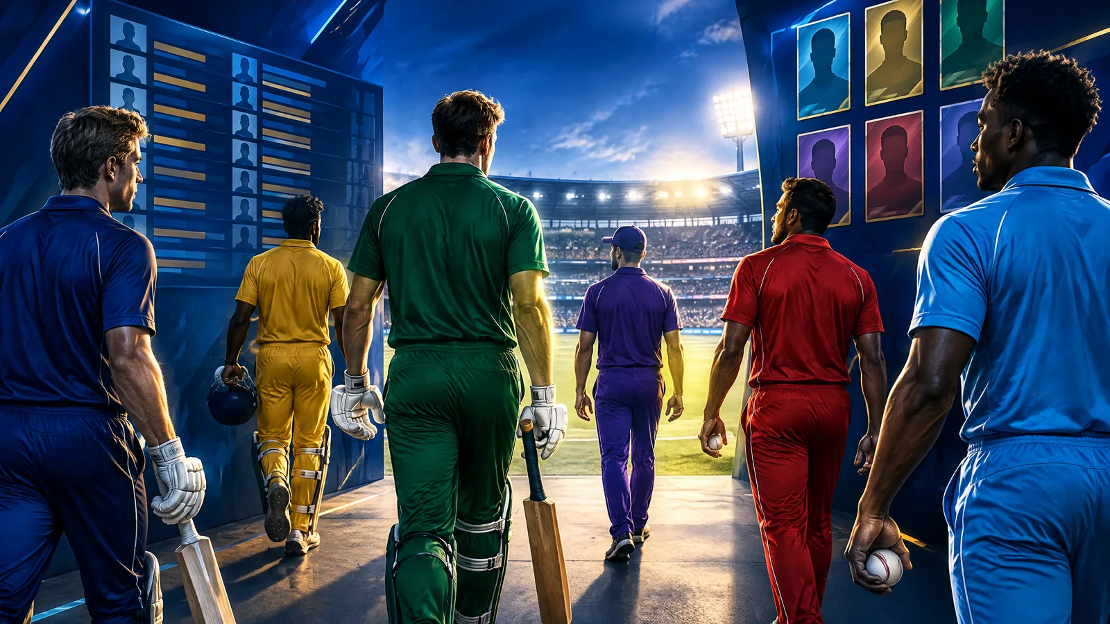Original illustration of generic cricketers entering a stadium for BBL squad selection