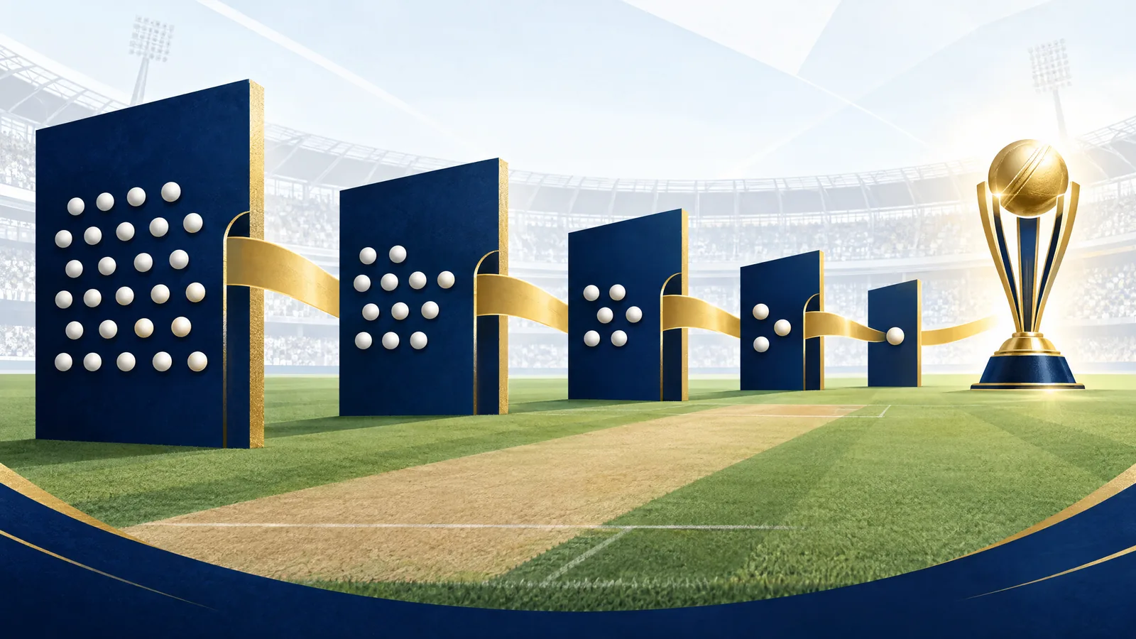 Conceptual anonymous cricket competition progression and trophy without an official ICC logo or literal bracket