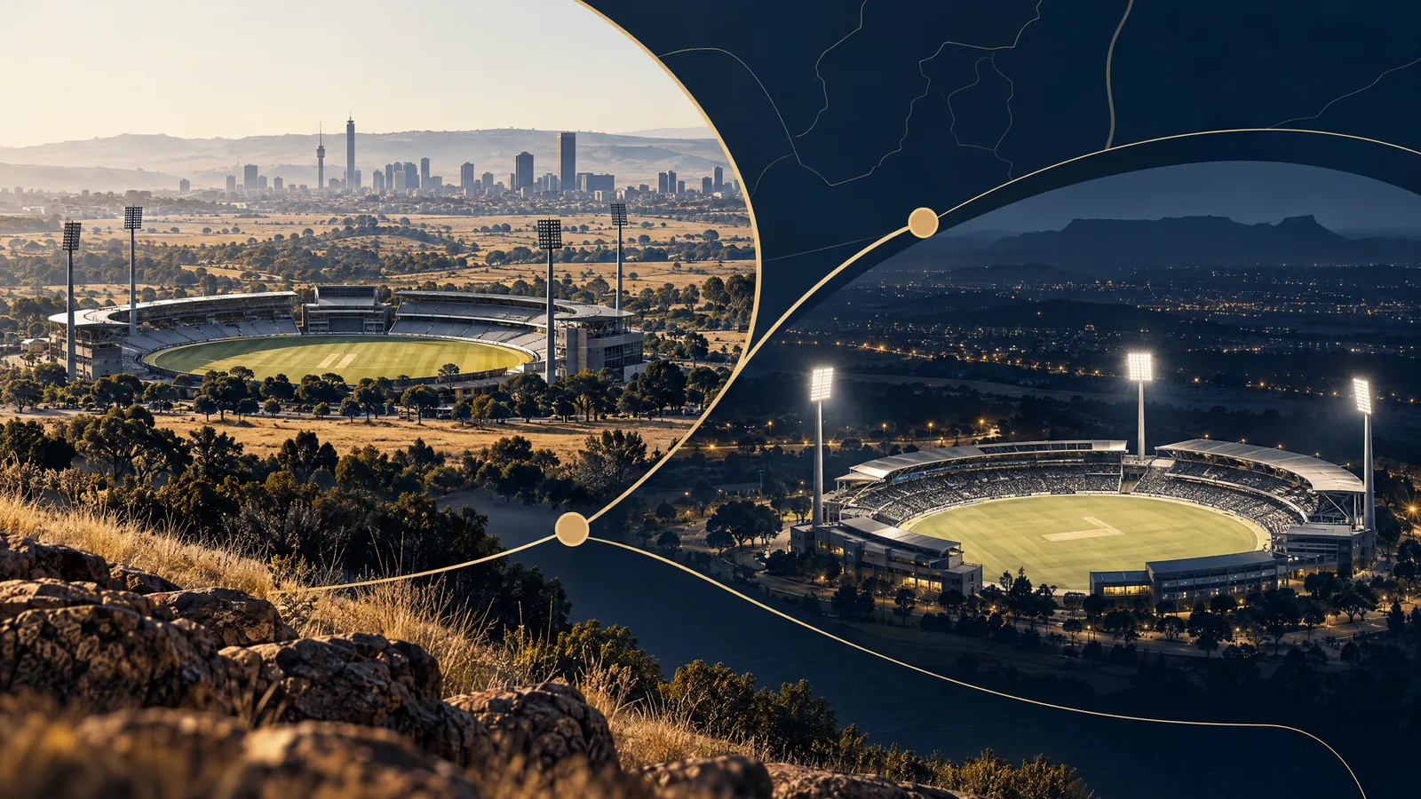 Original conceptual art comparing two unlabelled cricket grounds, not actual photographs of Centurion or Wanderers