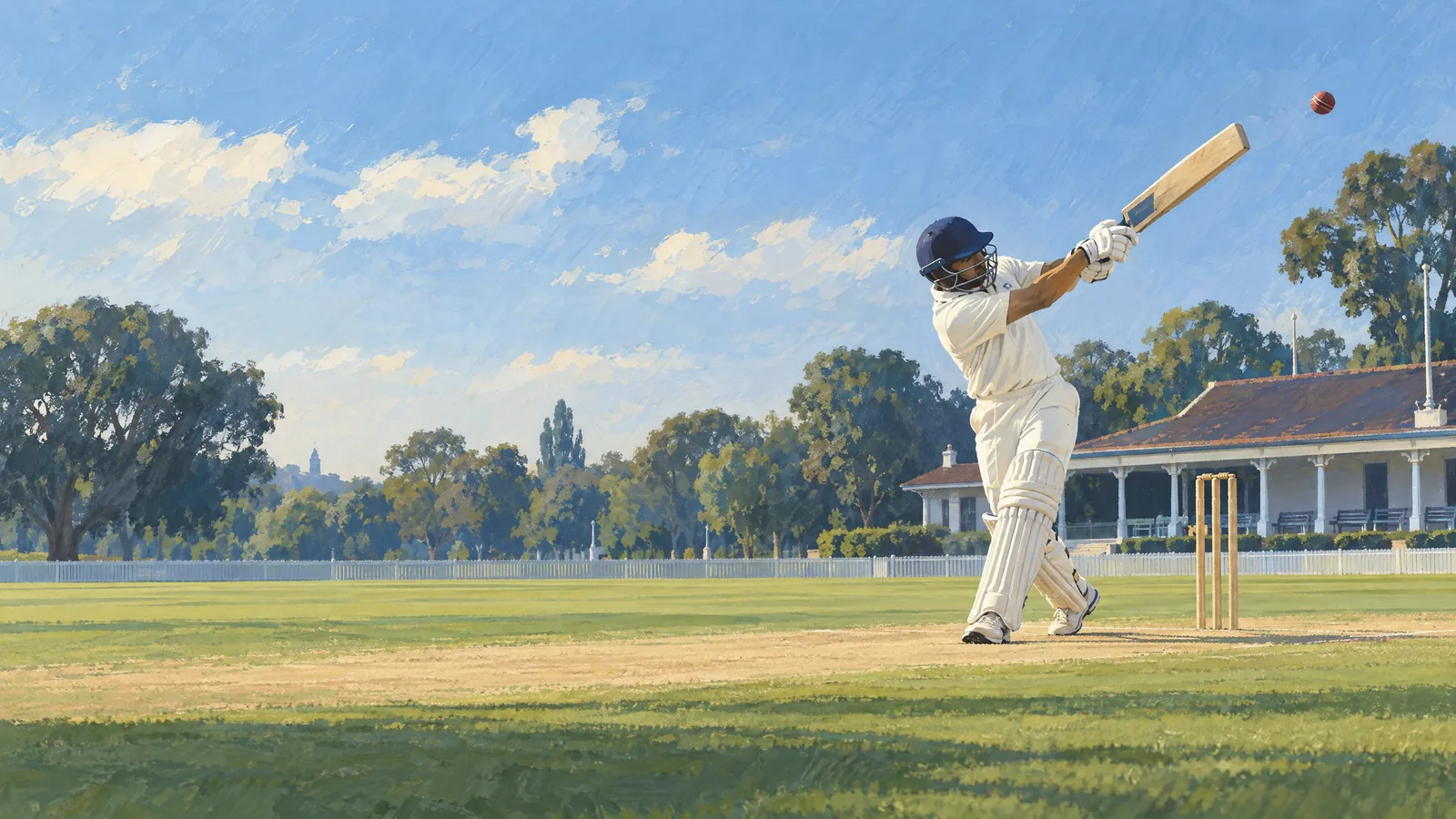 Editorial illustration of a lower-order batter playing a lofted shot with a red cricket ball.