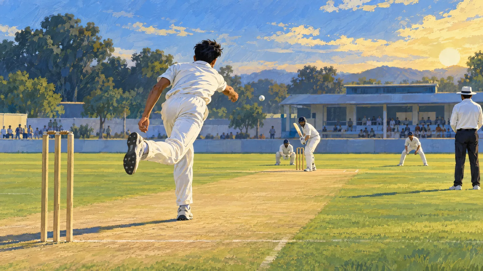 Illustration of a bowler following through with a white cricket ball at a domestic ground