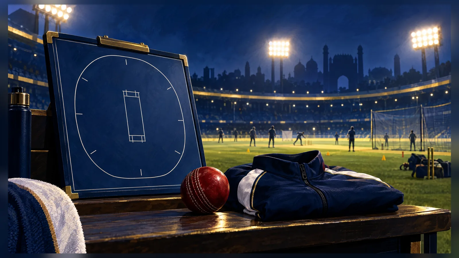 Original conceptual cricket coaching illustration, not a photograph of Sourav Ganguly or an official Delhi Capitals graphic