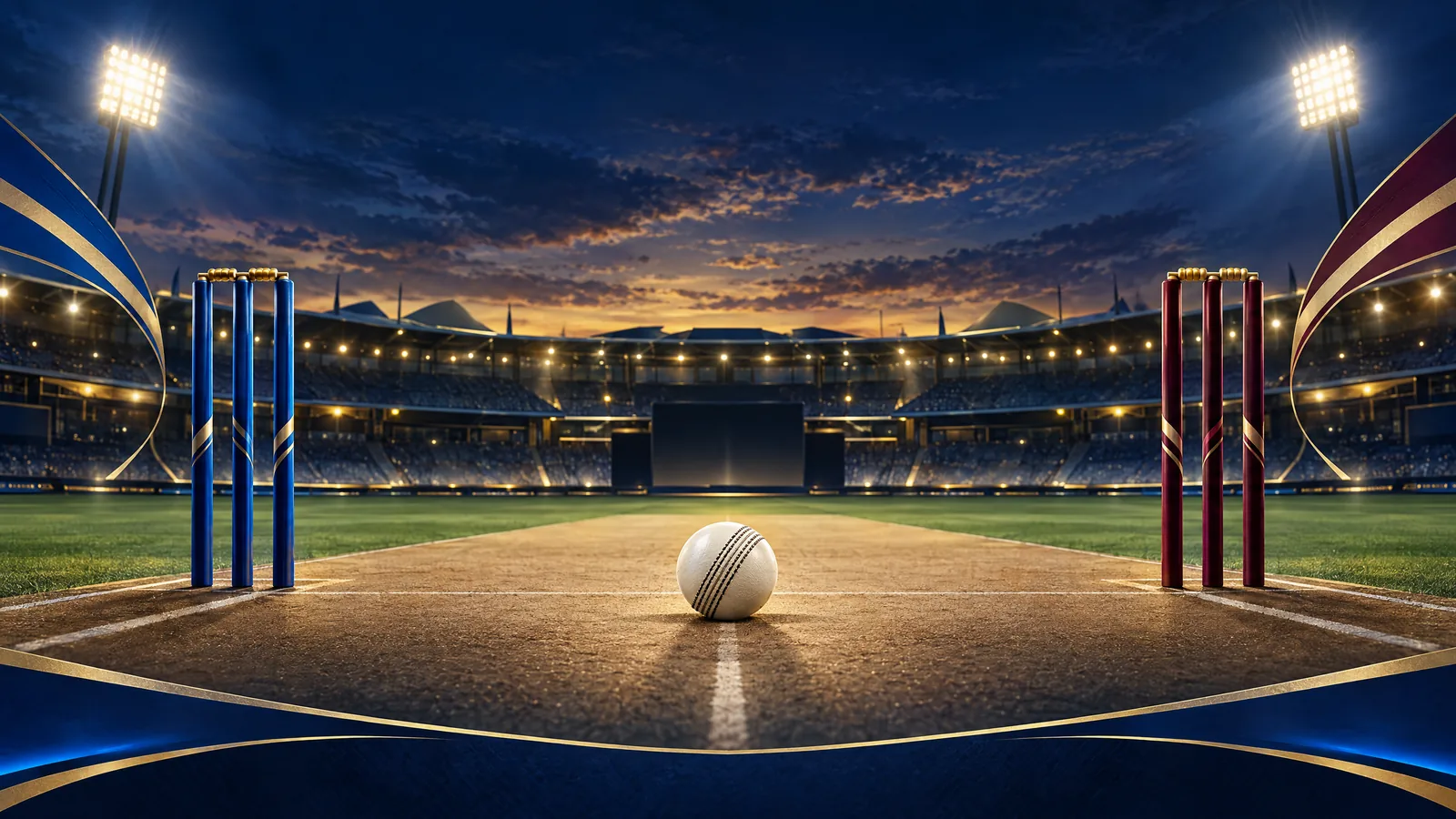Generic illustrated floodlit cricket ground with empty blue and burgundy stumps