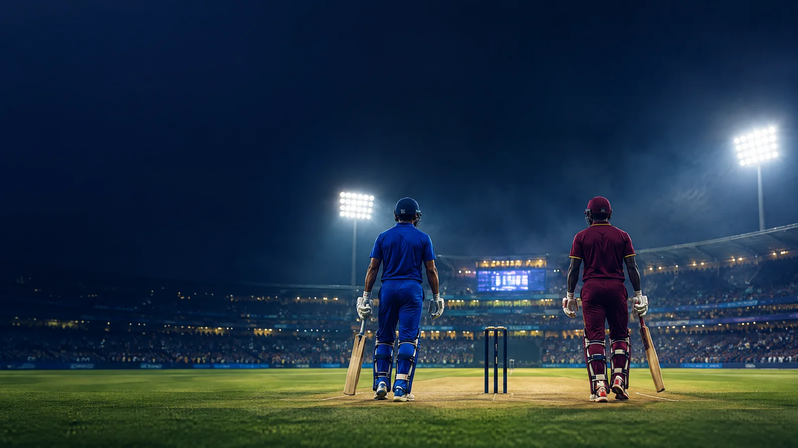Generic West Indies cricketer in maroon seen from behind beside a cricket wicket