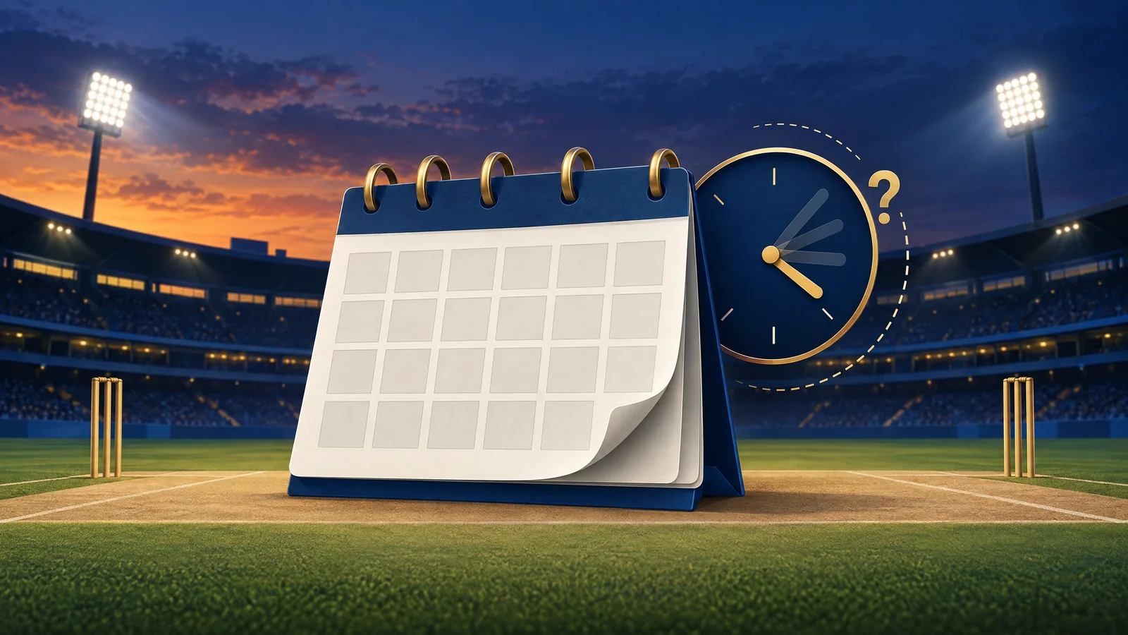 Original conceptual cricket calendar with blank days and an uncertain clock, not an official IPL fixture graphic