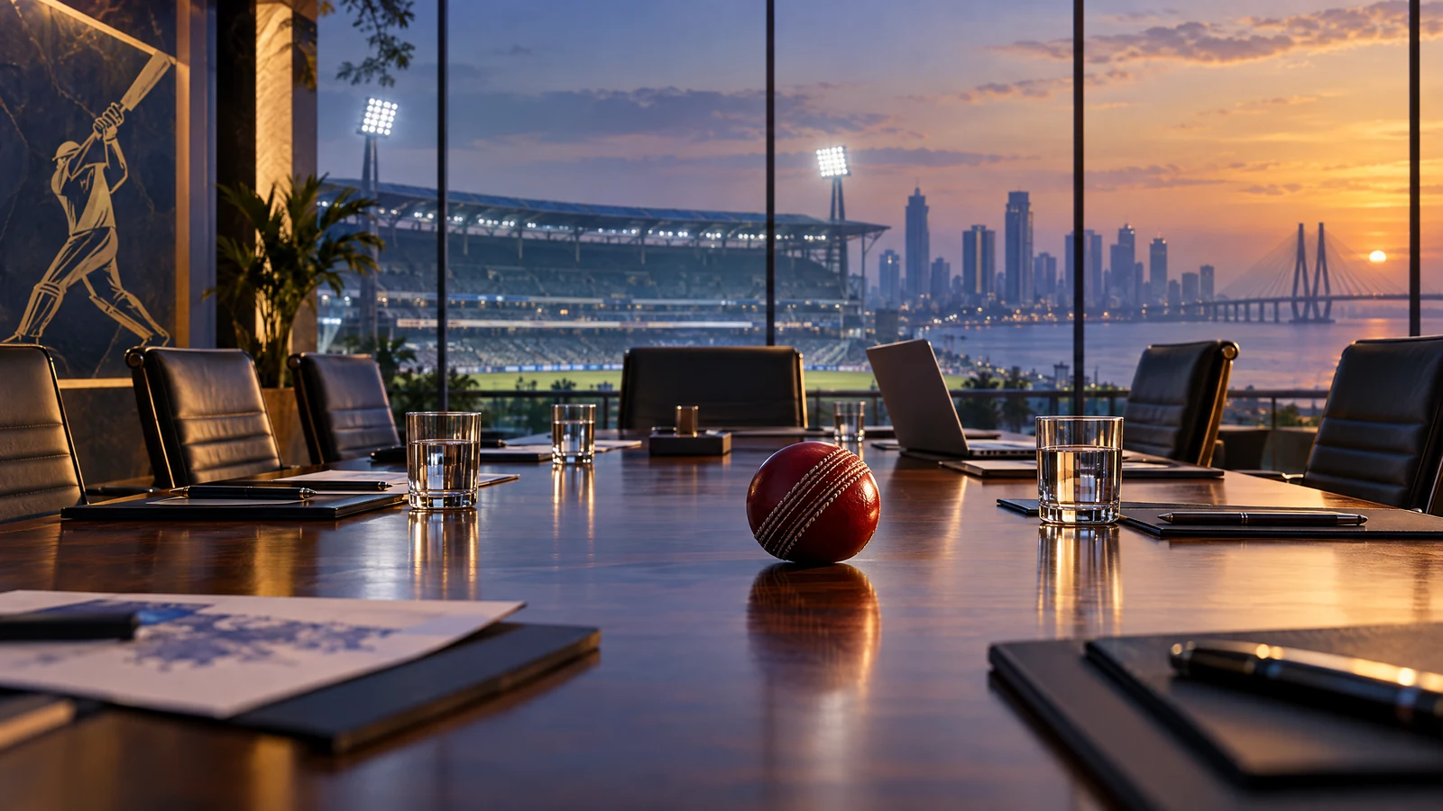 Original editorial illustration of an IPL 2027 stakeholder meeting setting