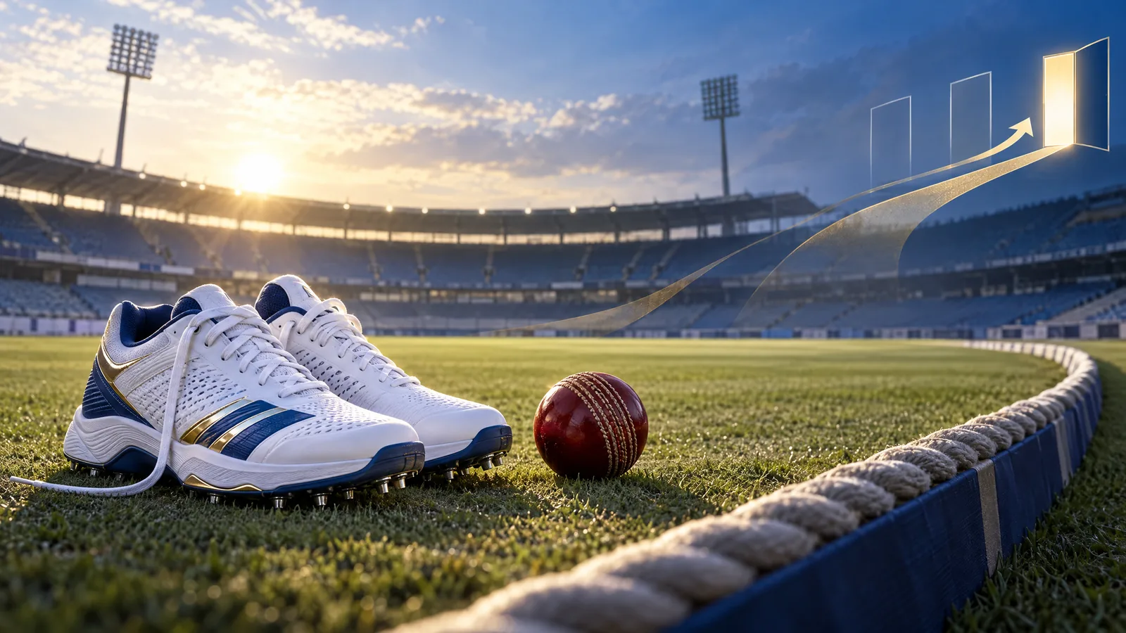 Illustration of unused bowling shoes and cricket ball near an empty boundary