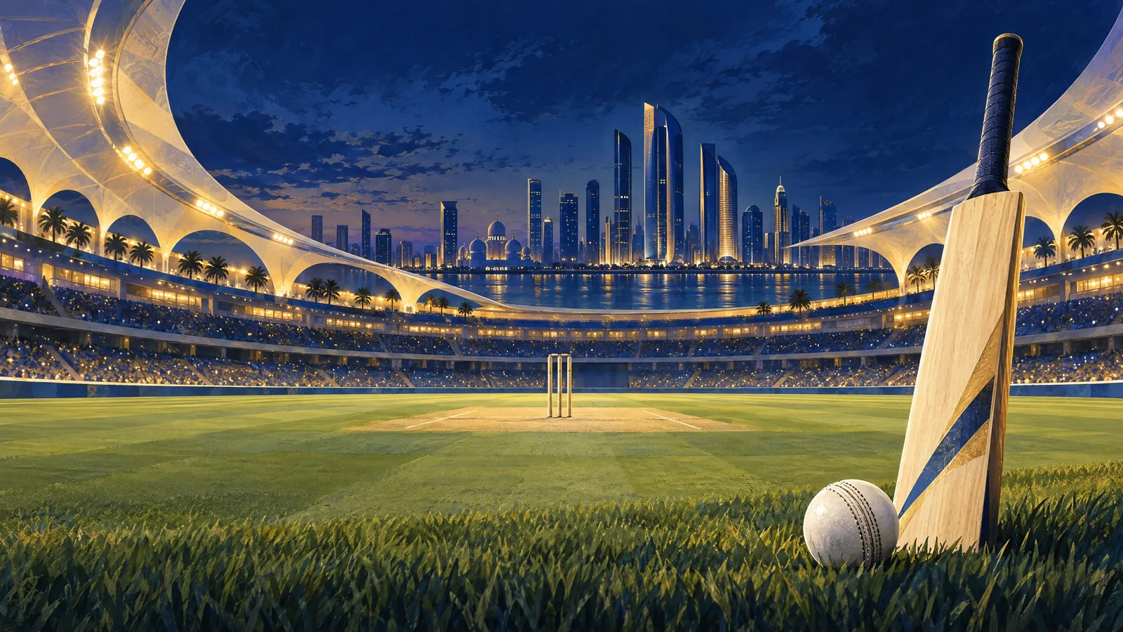 Illustrative Abu Dhabi night cricket stadium graphic with a ten-over cricket theme and six abstract team markers