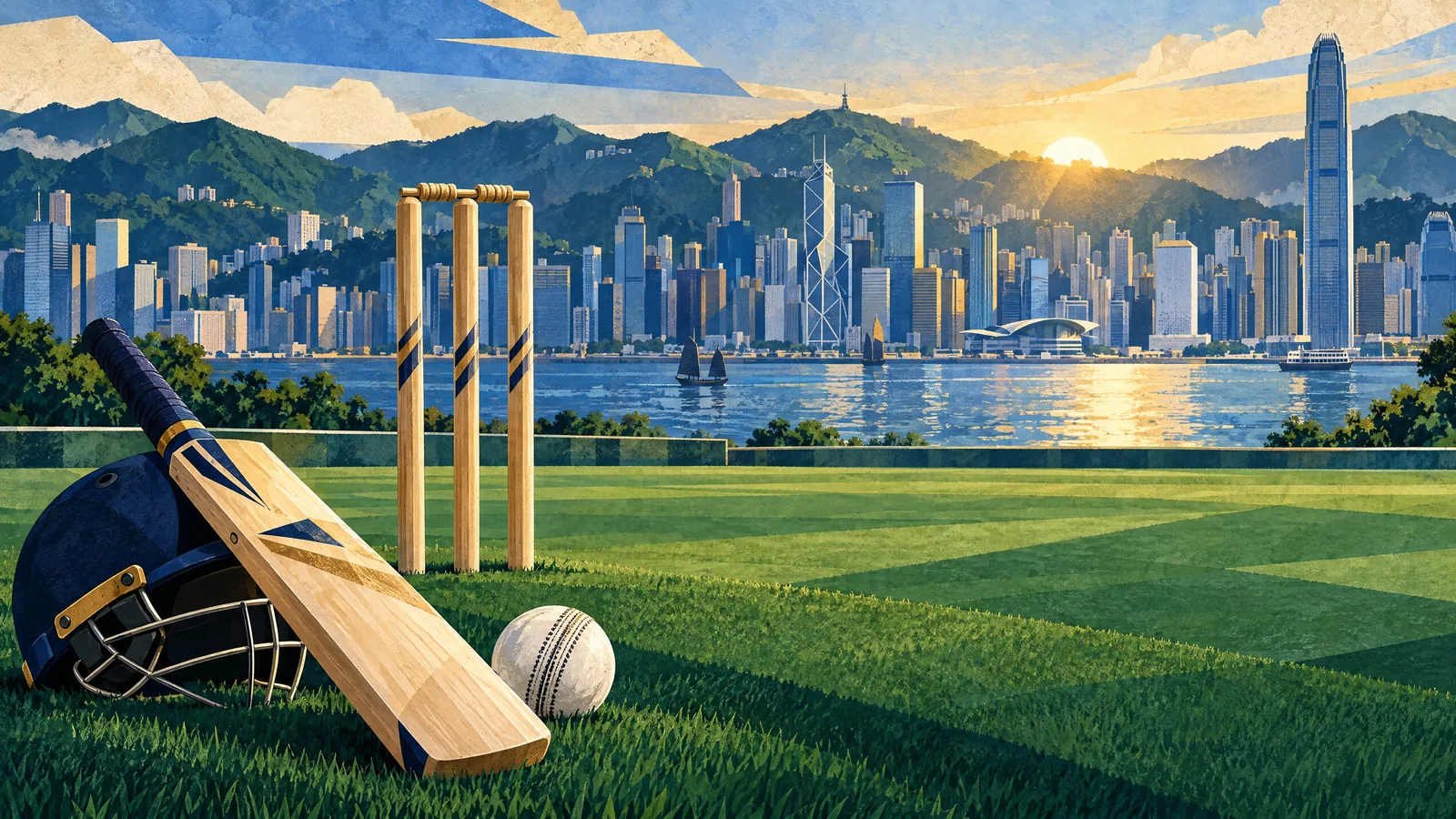 Illustrative Hong Kong skyline and cricket stumps for the Hong Kong Sixes 2026 India squad and schedule preview