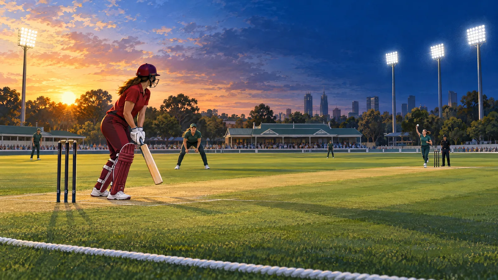 Illustration of women’s T20 cricket at a Melbourne oval from afternoon play to a floodlit evening.