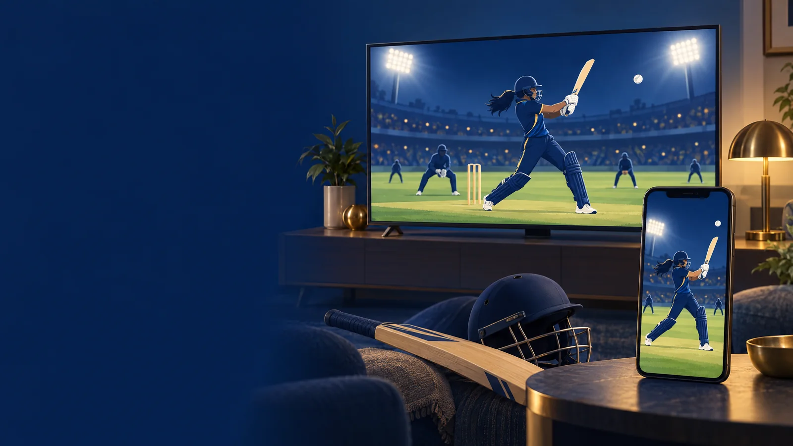 Original illustration of women’s cricket on a television and smartphone in a home viewing setting.