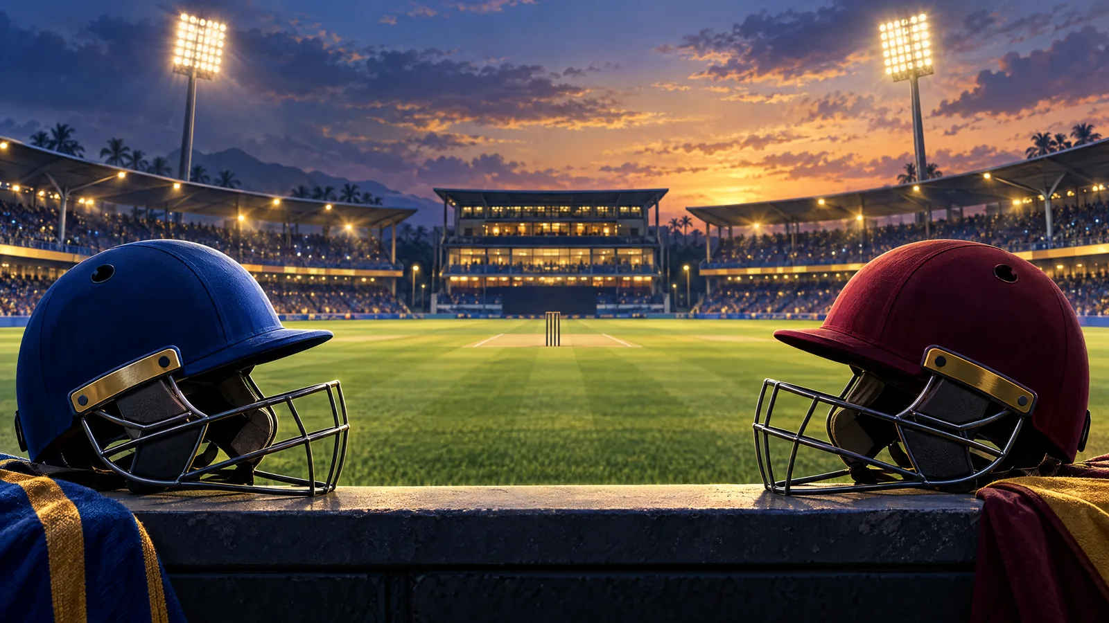 Original illustration of blue and burgundy cricket helmets beside a generic stadium at dusk