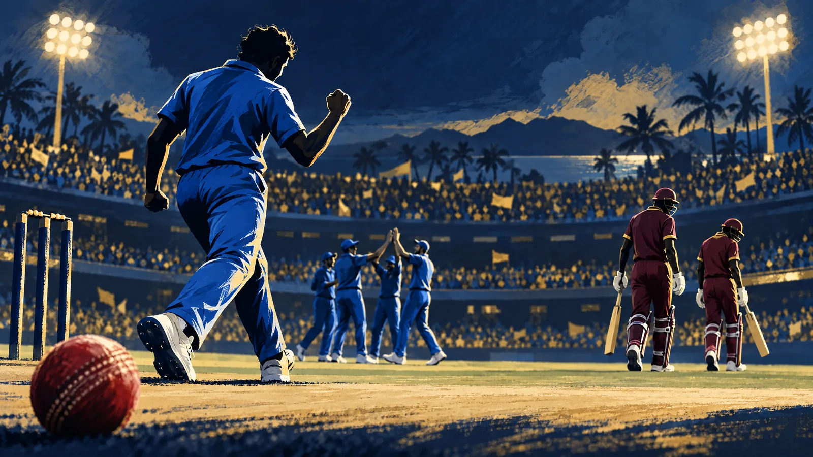 Original painted cricket illustration of anonymous blue and burgundy players at a floodlit ground