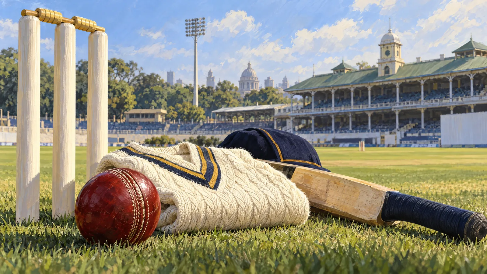 Original red-ball cricket illustration with a bat, white stumps and cream sweater at a generic ground