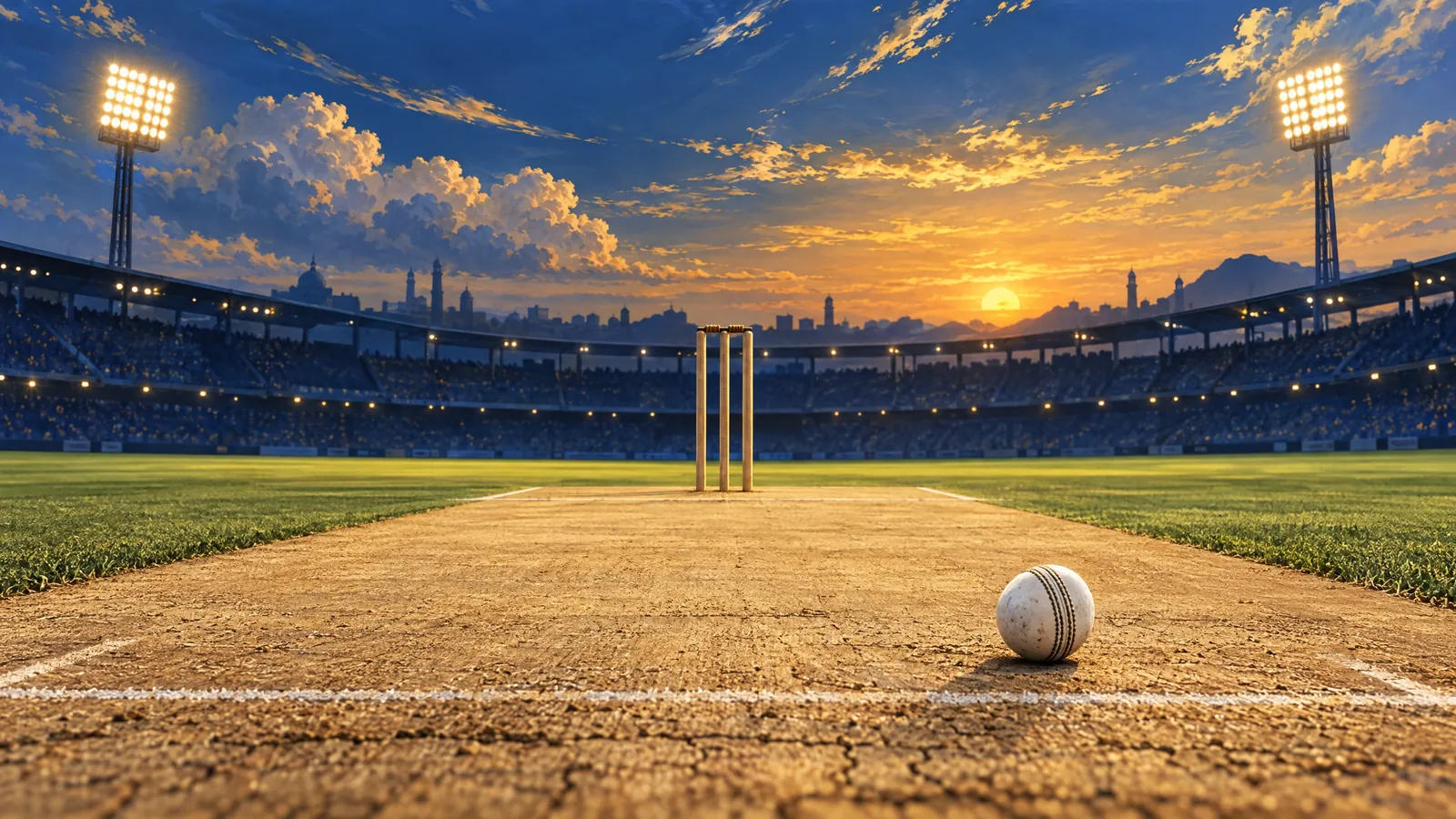 Original editorial illustration of a cricket pitch, stumps and white ball beneath clouds and generic stadium floodlights at dusk.