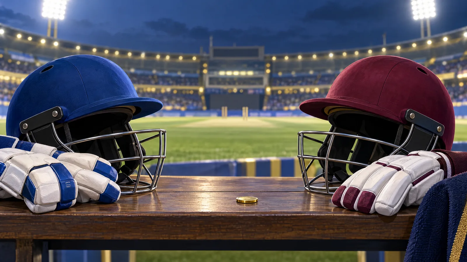 Original editorial illustration of blue and burgundy cricket helmets, gloves and a coin beside a generic stadium.