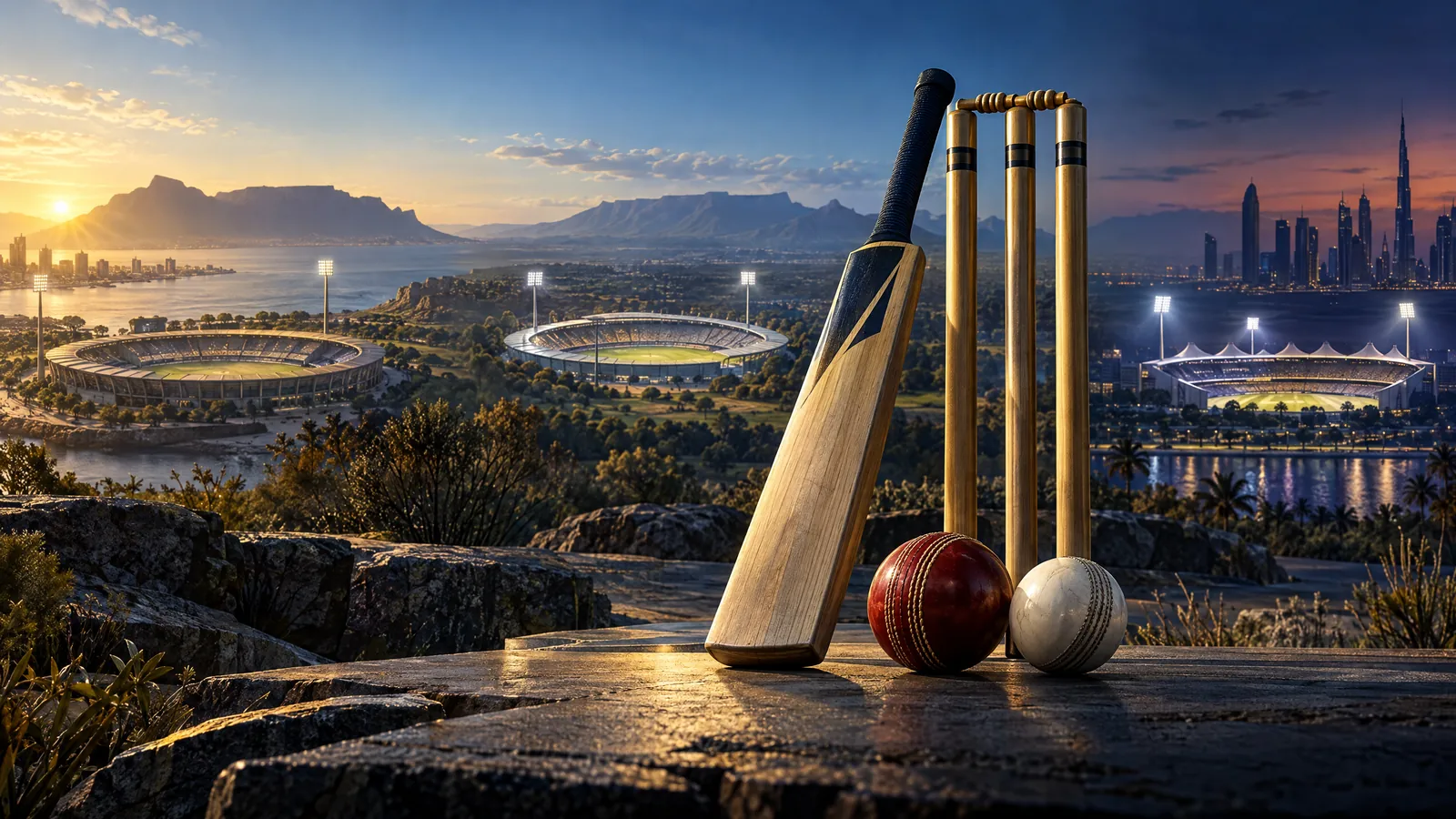 Conceptual illustration of cricket equipment and grounds under changing daylight, not actual match photography