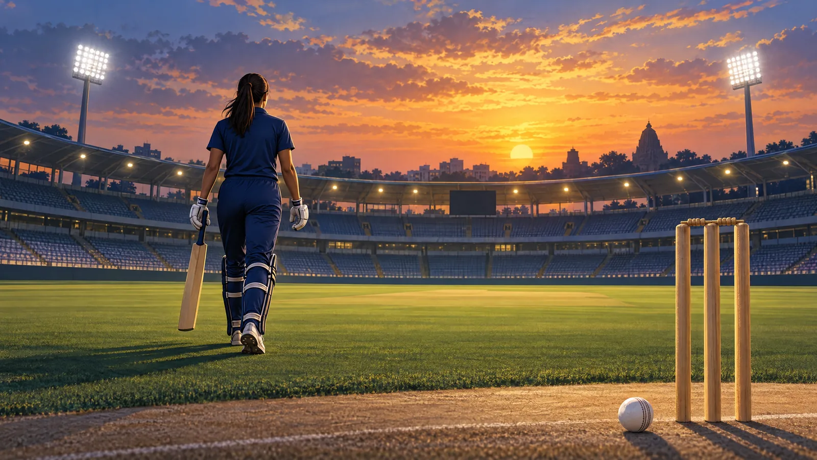 Conceptual illustration of a woman cricketer walking towards a floodlit ground, not a real player or Raipur match photograph