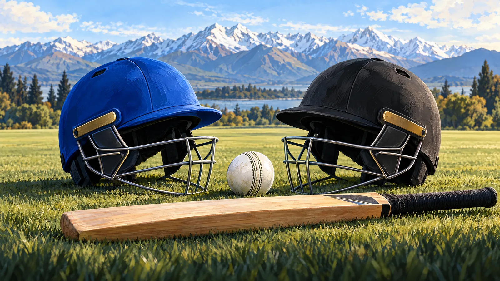 Editorial illustration showing India and New Zealand cricket colours, Hagley Oval’s Christchurch setting, a 12:30 PM IST card and a returning senior fast bowler motif.