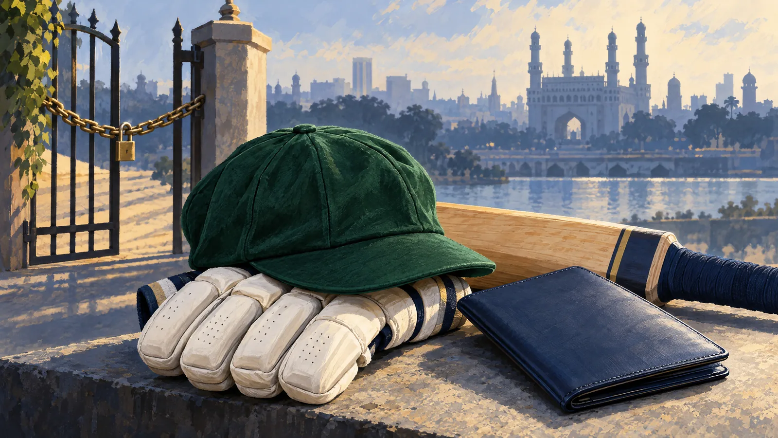 Editorial illustration of a Pakistan cricket kit beside a permission document and Hyderabad cricket venue silhouette for the reported IMC Over-50s withdrawal.