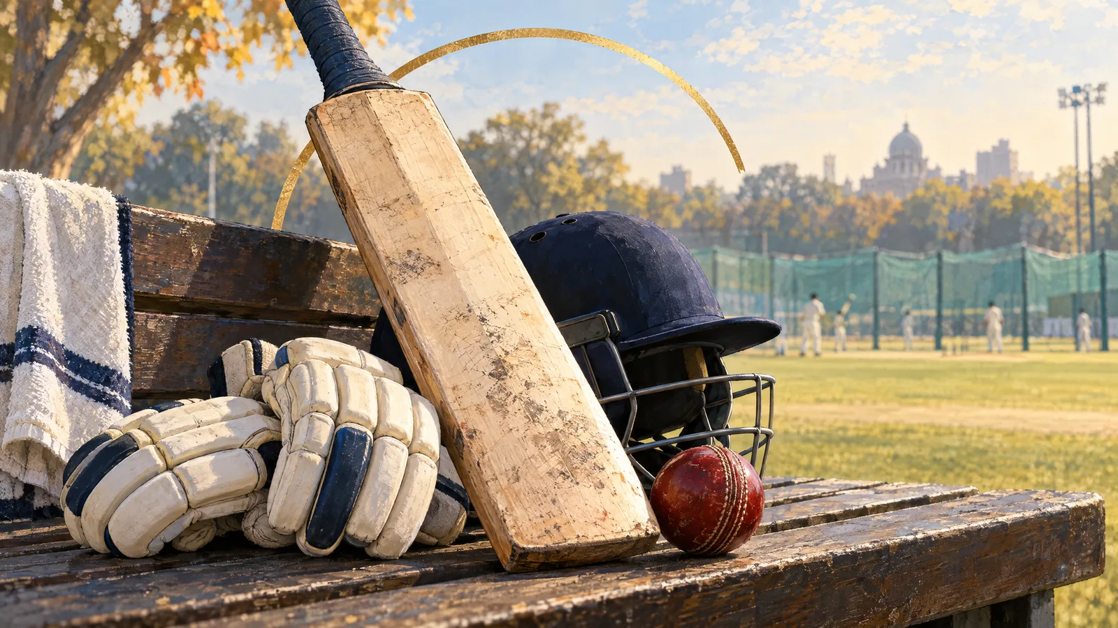 Editorial illustration showing a Delhi cricket kit beside a scorecard motif marked 199 and a first-innings-lead result.