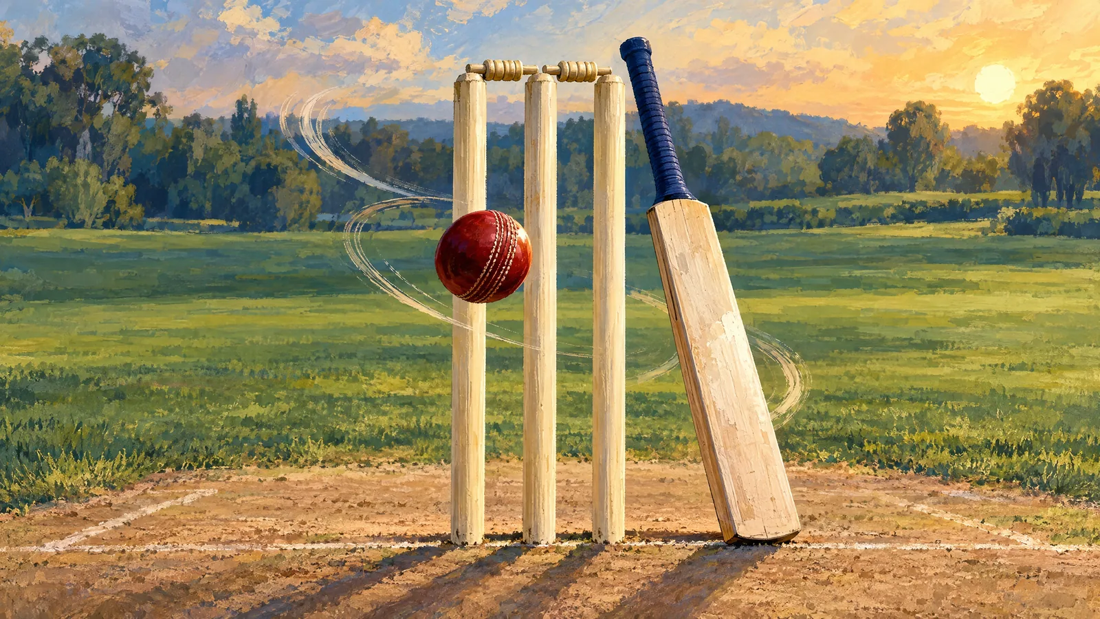 Editorial illustration of a Hyderabad cricket kit, spinning ball and Mulapadu ground silhouette beside an 11-wicket and 53-not-out scorecard motif