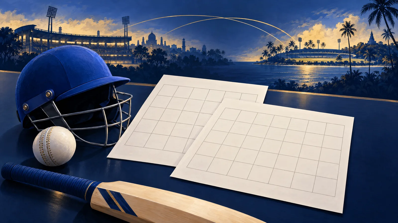 Editorial illustration of a WPL calendar beside England and Sri Lanka kit colours and a Kandy venue motif, showing the February 1, 3 and 5 T20I overlap.