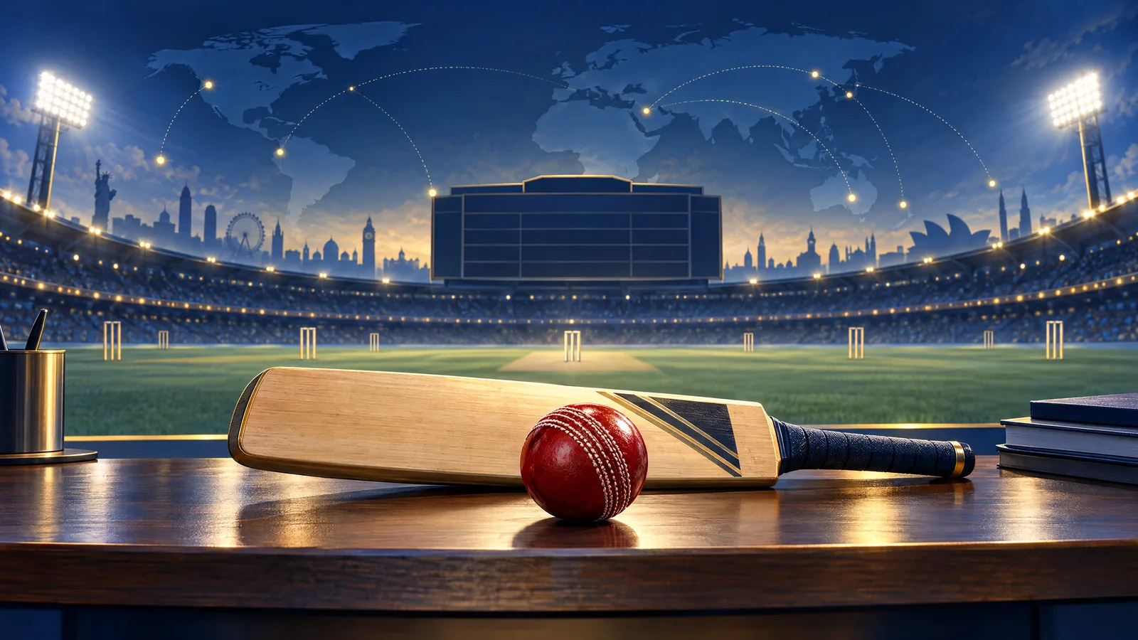 Original blue-and-gold illustration of a bat, ball and abstract floodlit cricket ground