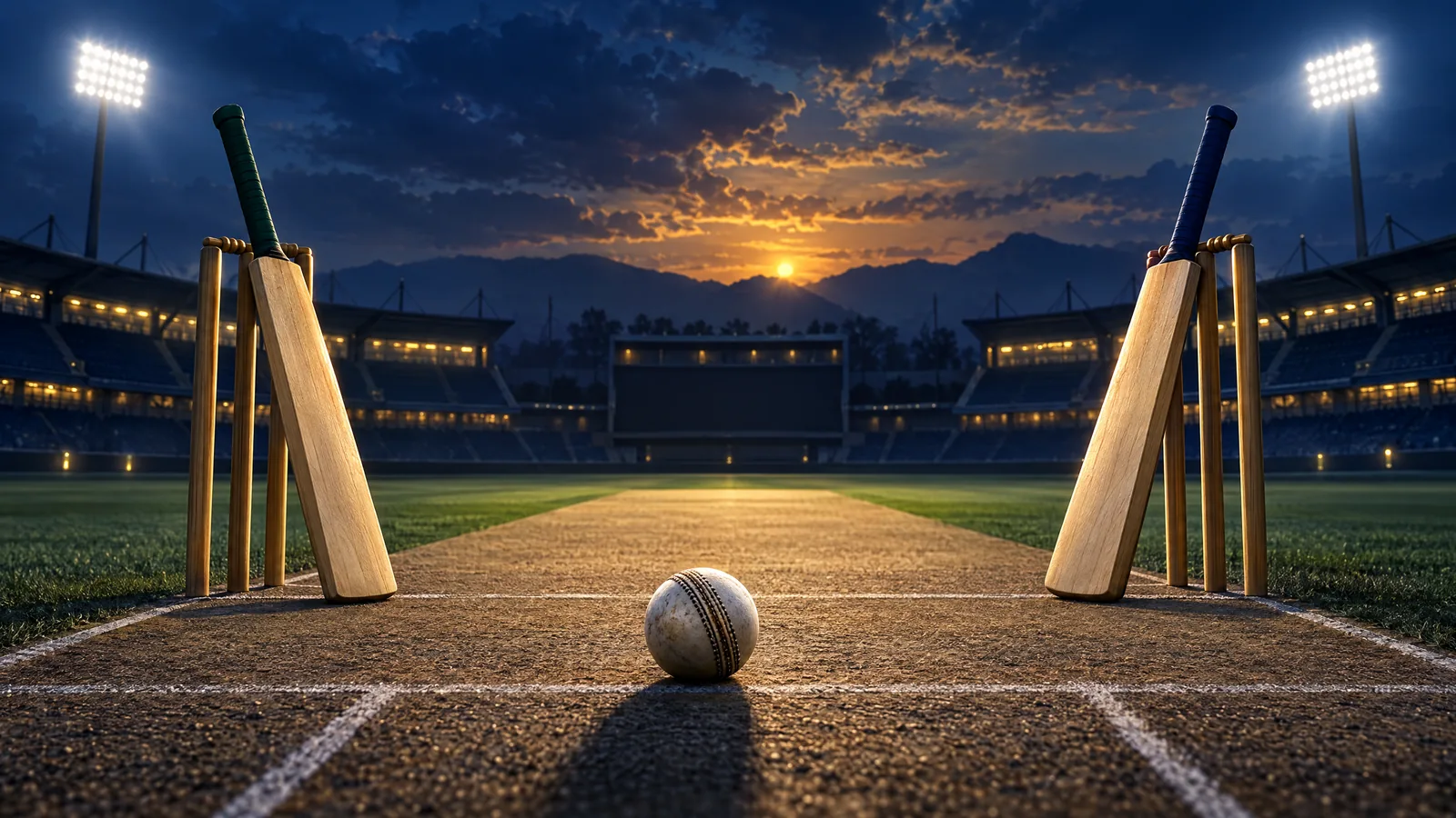 Original illustration of two unbranded cricket bats beside an empty pitch under evening lights