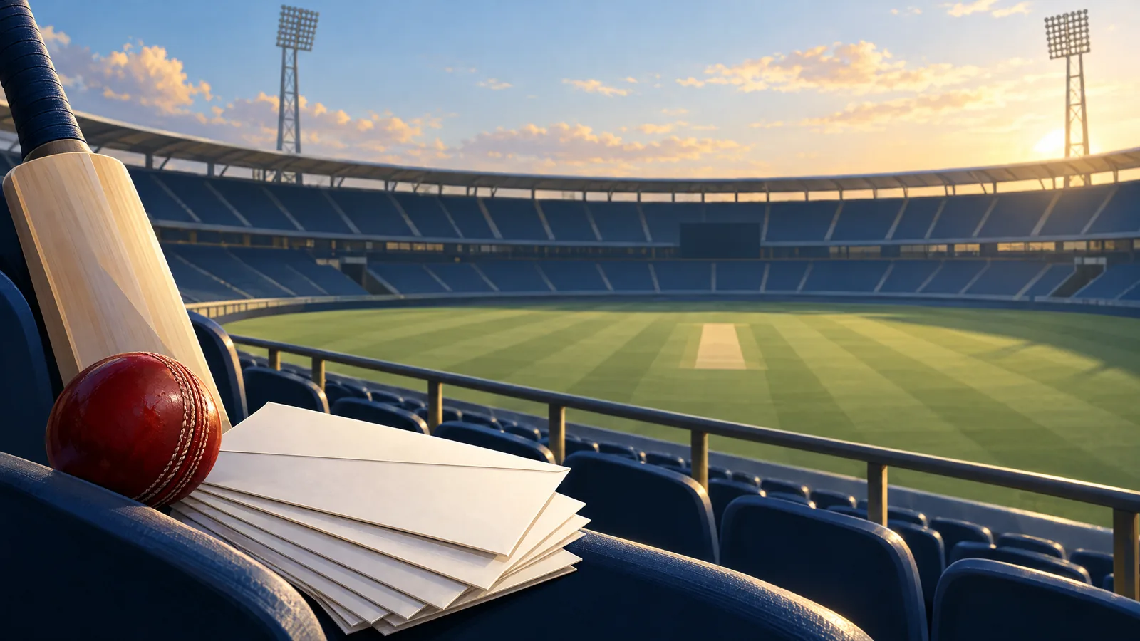 Original illustration of a cricket ground with blank ballot papers, a bat and ball