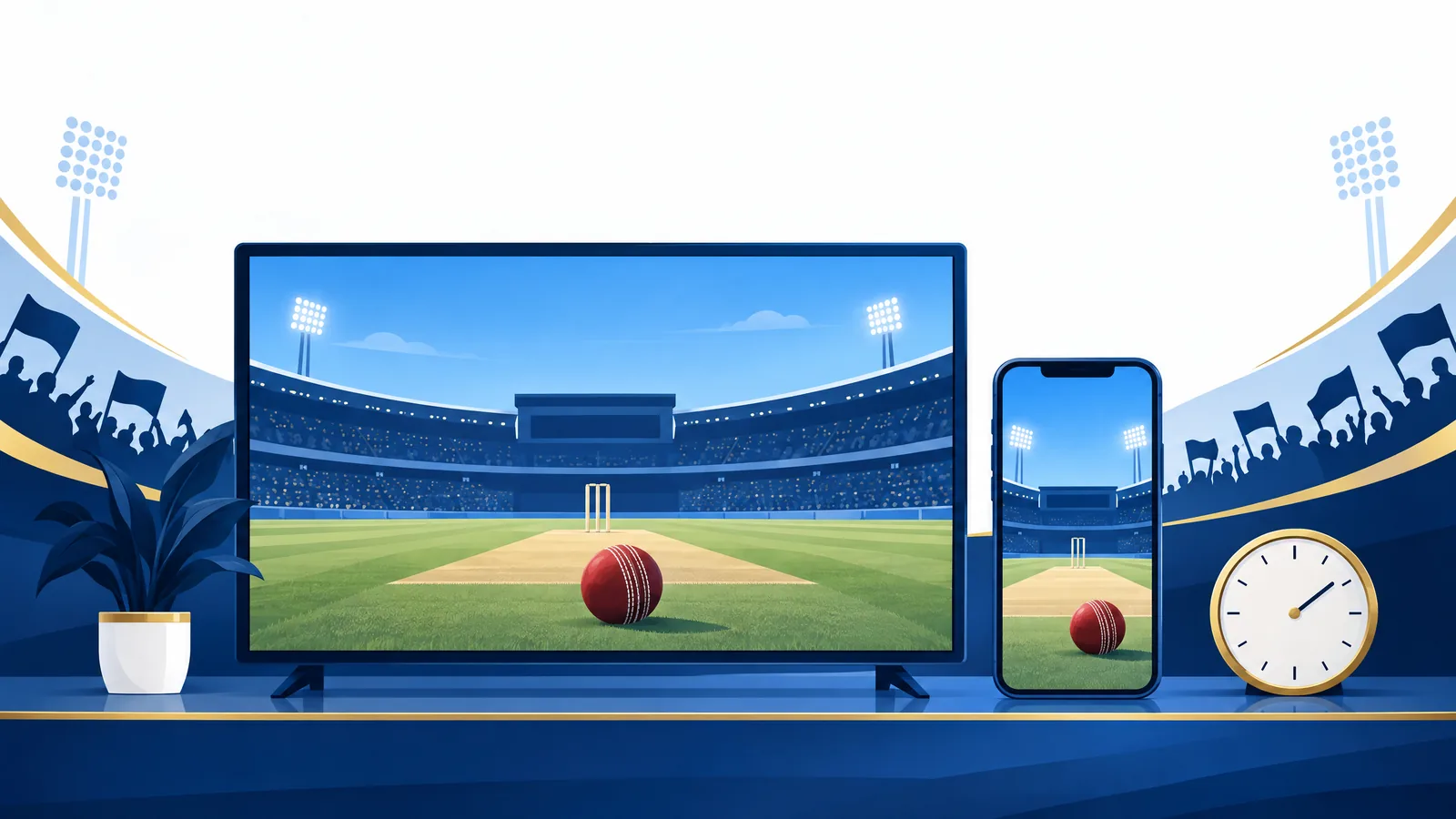 Conceptual television and phone showing generic cricket, with no platform logos