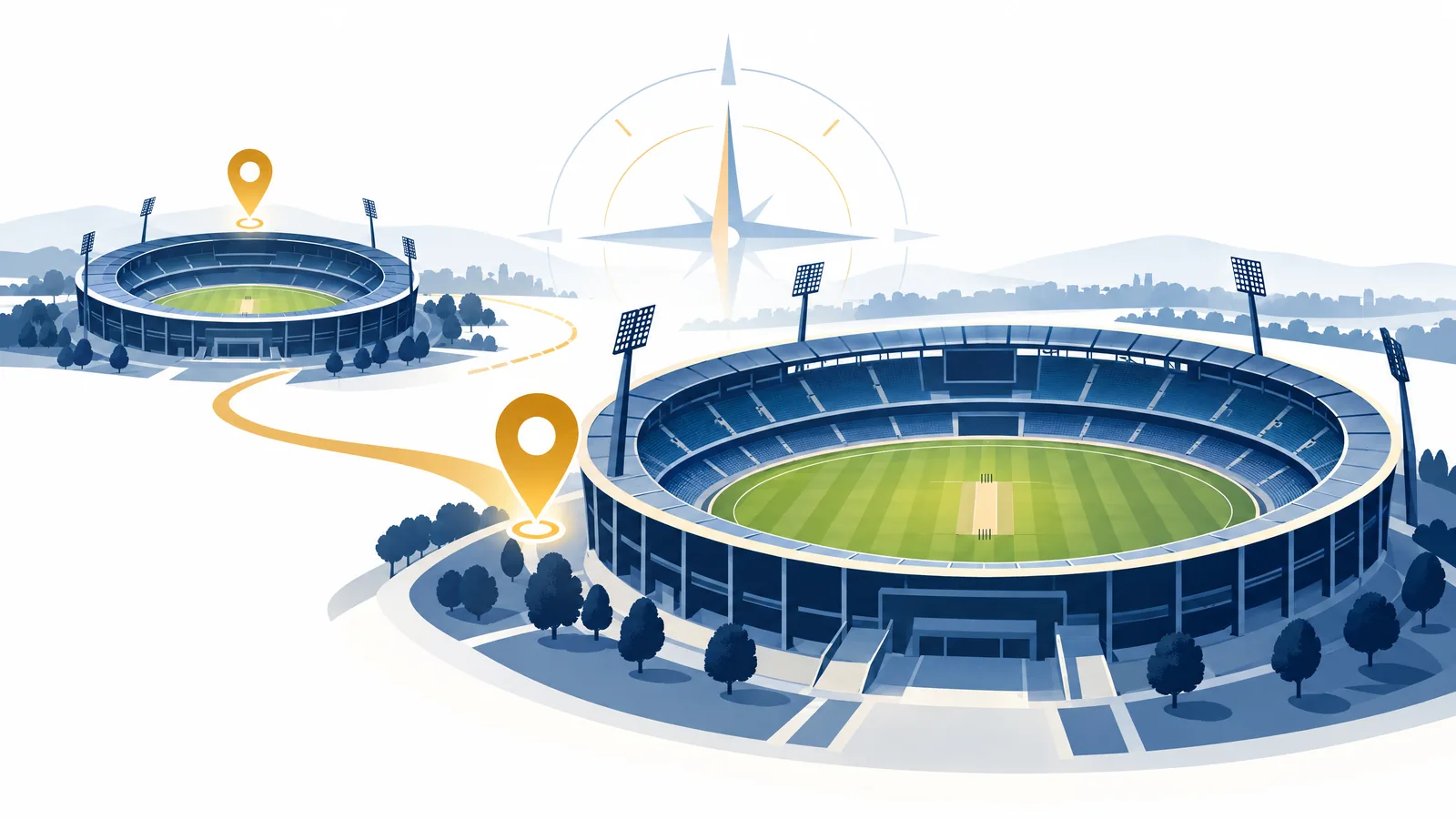 Conceptual diagram of two generic cricket grounds and map pins, not a photo or street map