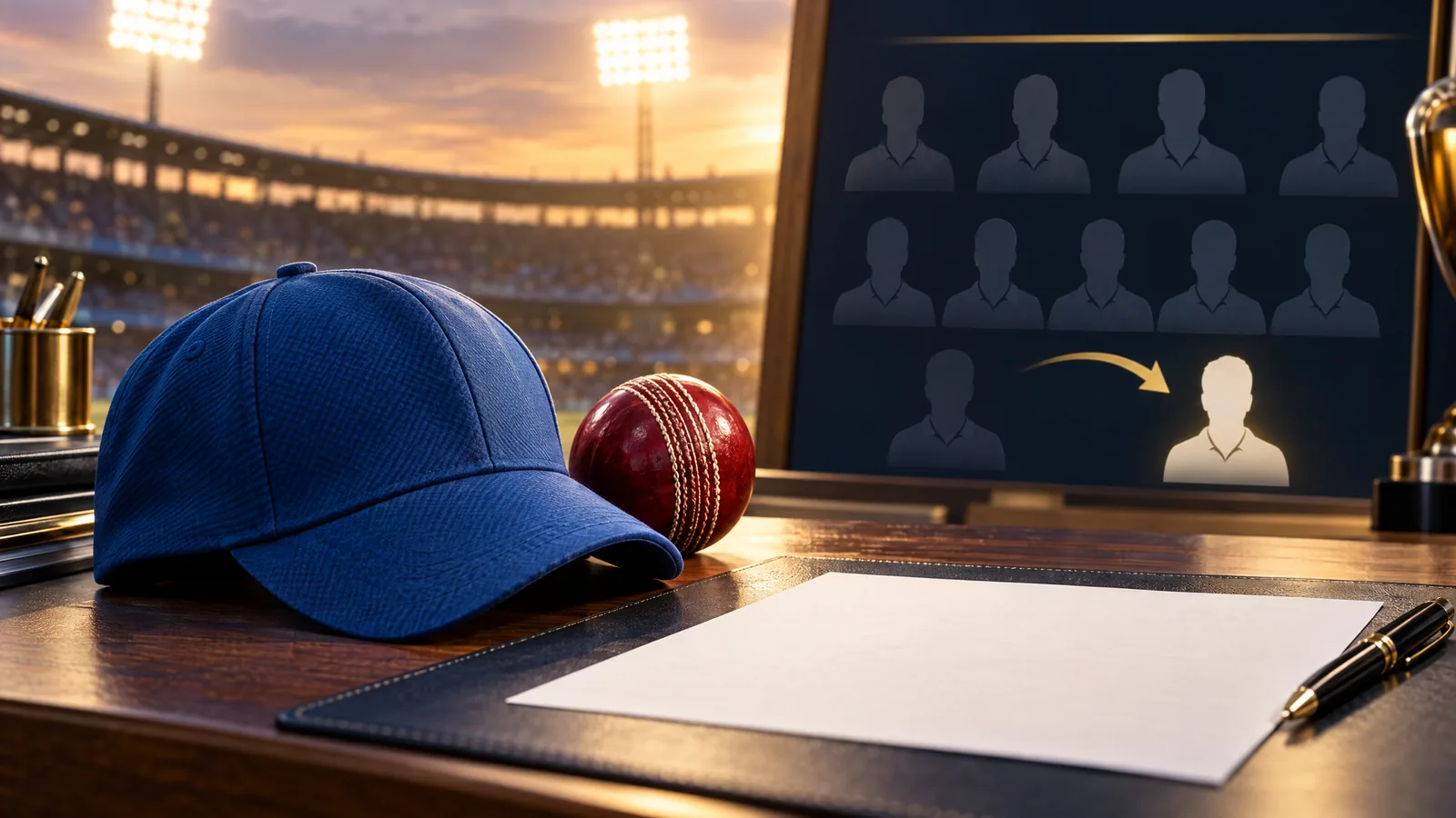 Conceptual cricket selection board and blue cap without an identifiable player or official team sheet