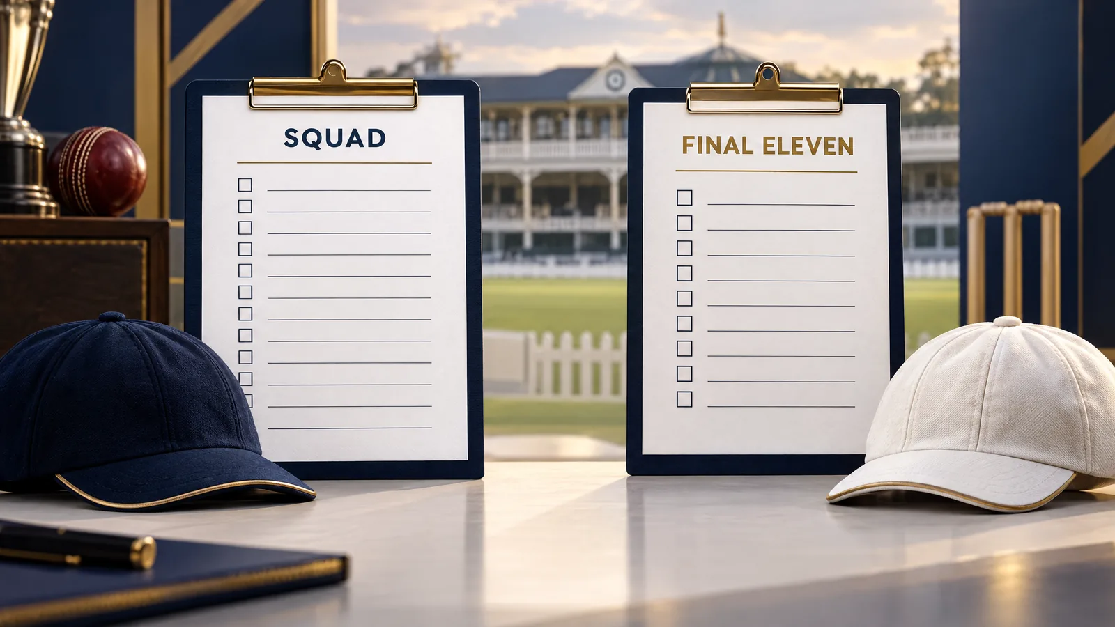 Conceptual unmarked cricket selection clipboards and caps, not the official Pakistan or Sri Lanka teams