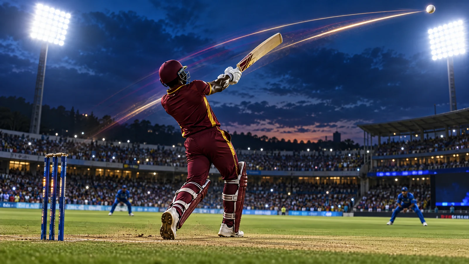 Original editorial illustration of a West Indies chase under Ranchi floodlights