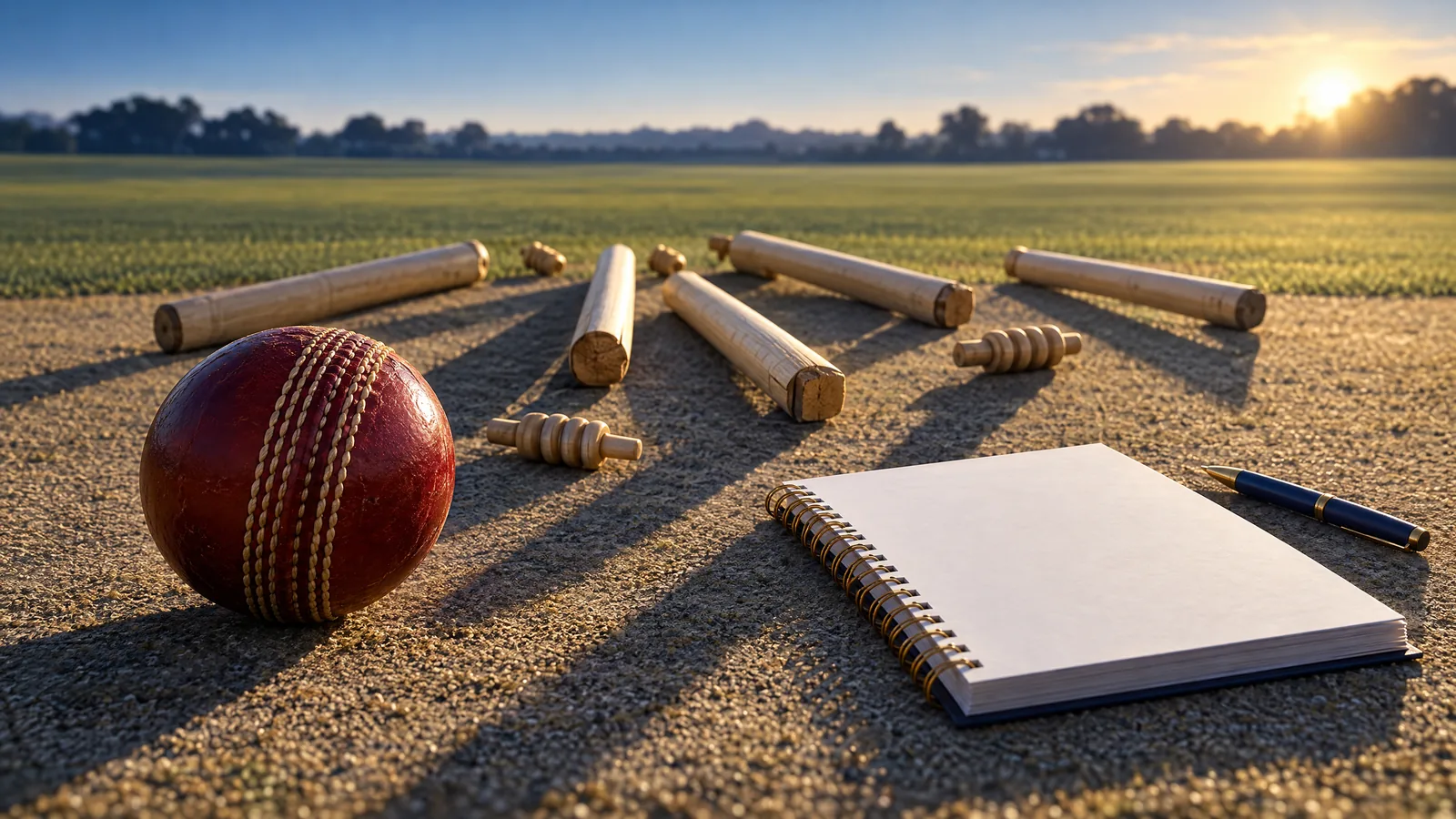 Conceptual cricket ball and empty bowling equipment, not a photo of Tanmay Baloda or this match