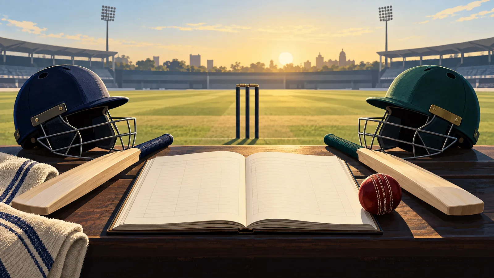 Illustrated empty youth cricket helmets, bats and a blank scorebook at a generic ground