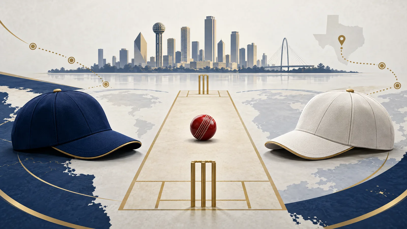 Abstract editorial cricket pitch and two empty caps over a stylised Dallas map motif