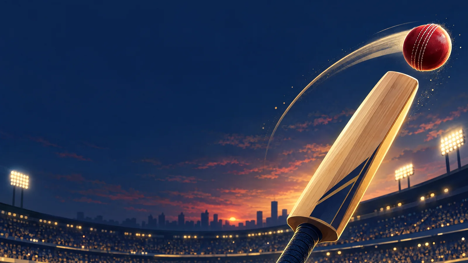 Original illustration of a cricket bat and ball under stadium lights; not a photograph of Vaibhav Sooryavanshi or his 2025 IPL match