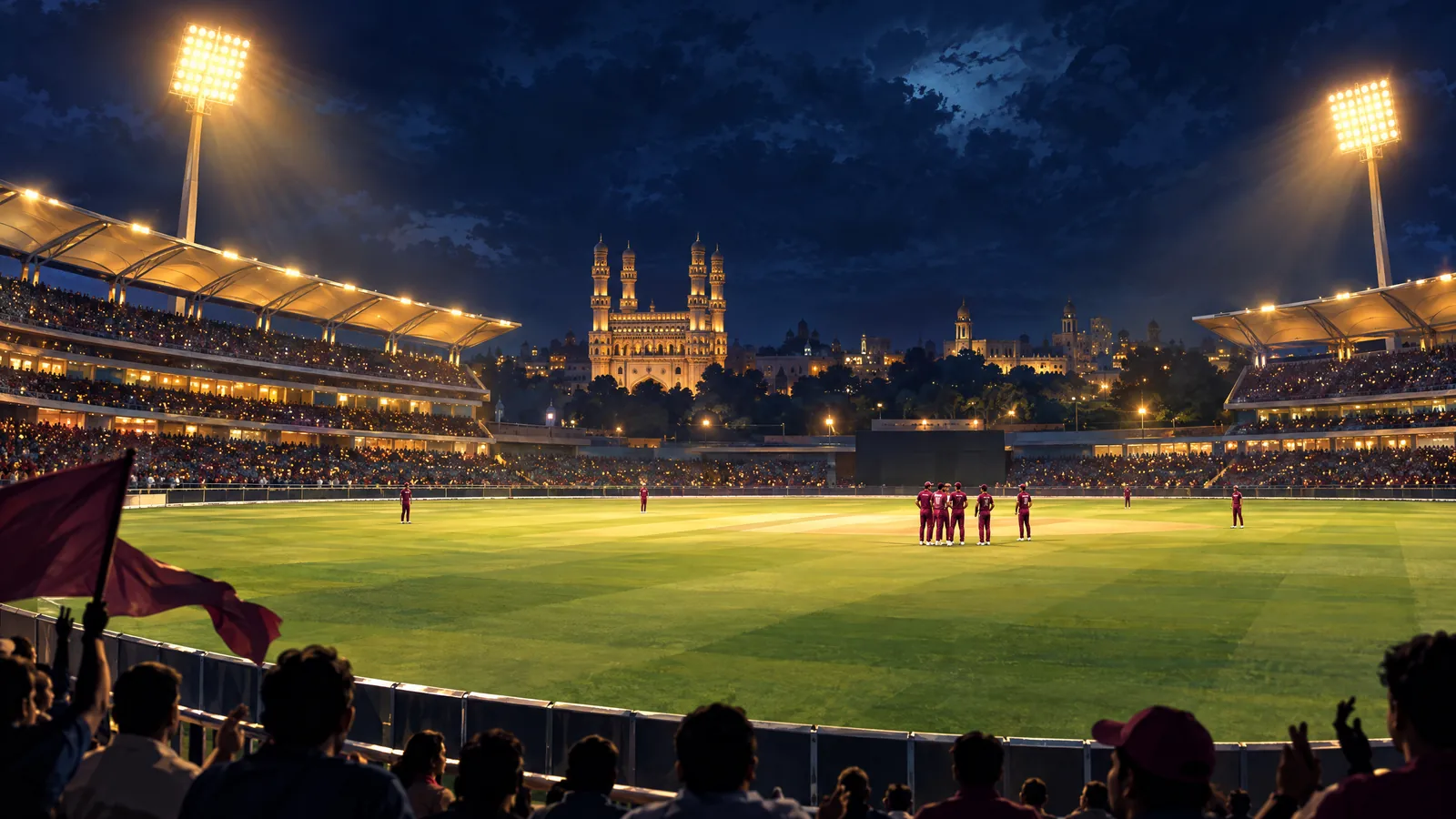 Conceptual illustration of a floodlit cricket ground with maroon-uniform players after play.