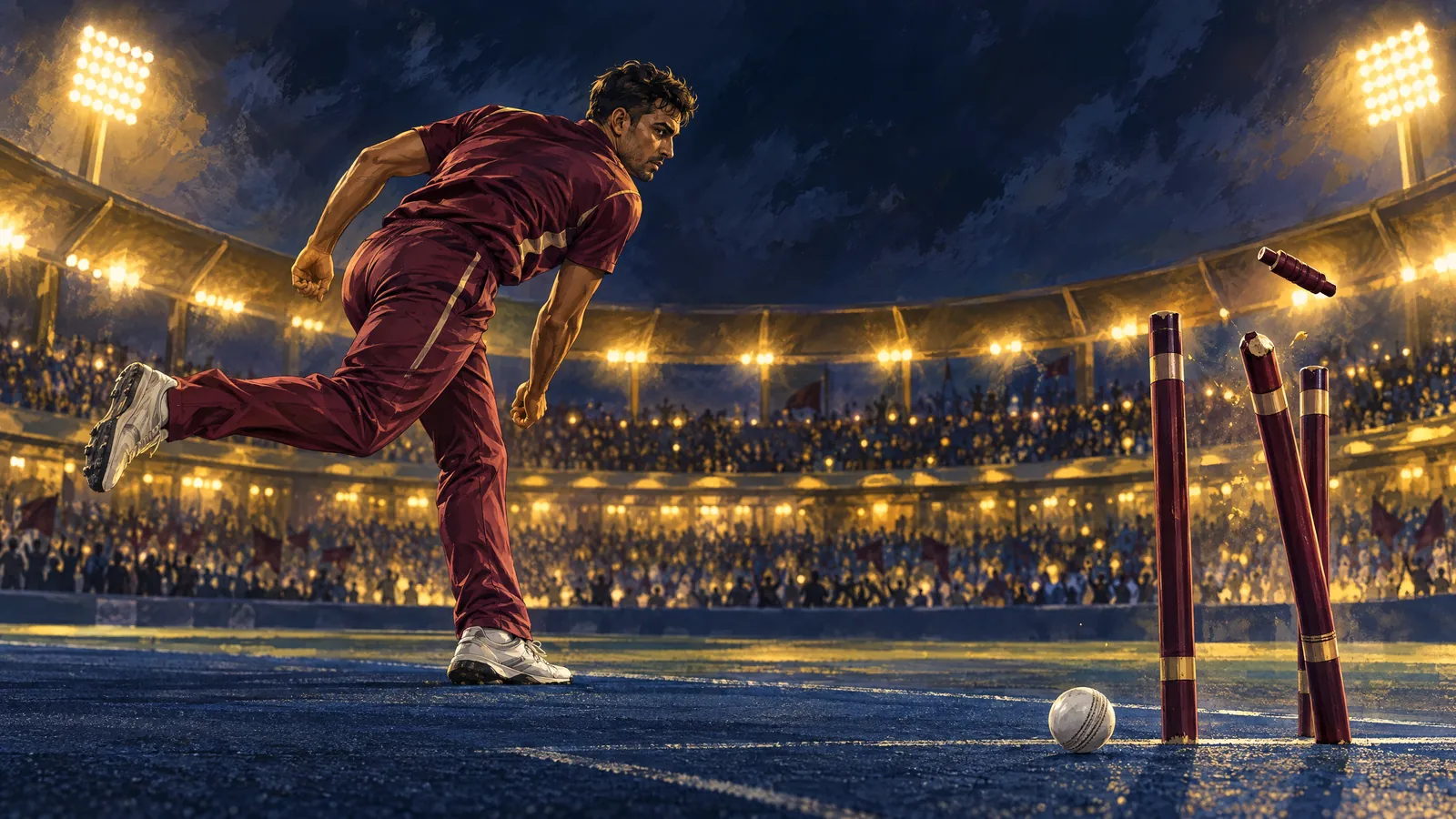 Conceptual illustration of a fictional maroon-uniform cricket bowler in follow-through beside a disturbed wicket.