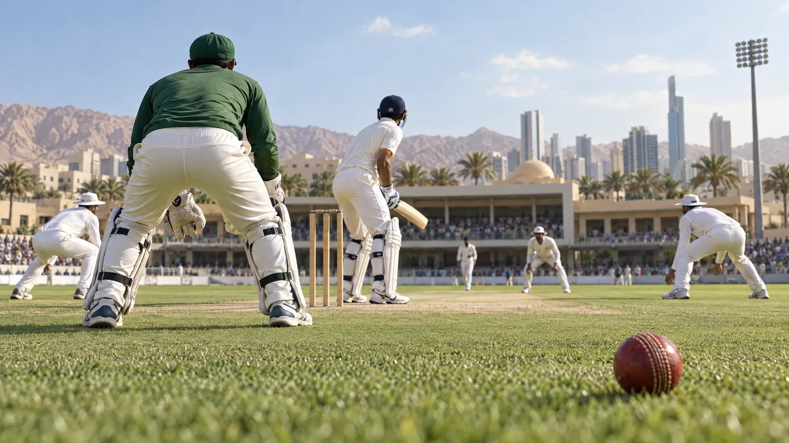 Original AI-generated editorial cricket illustration; not actual match or player photography